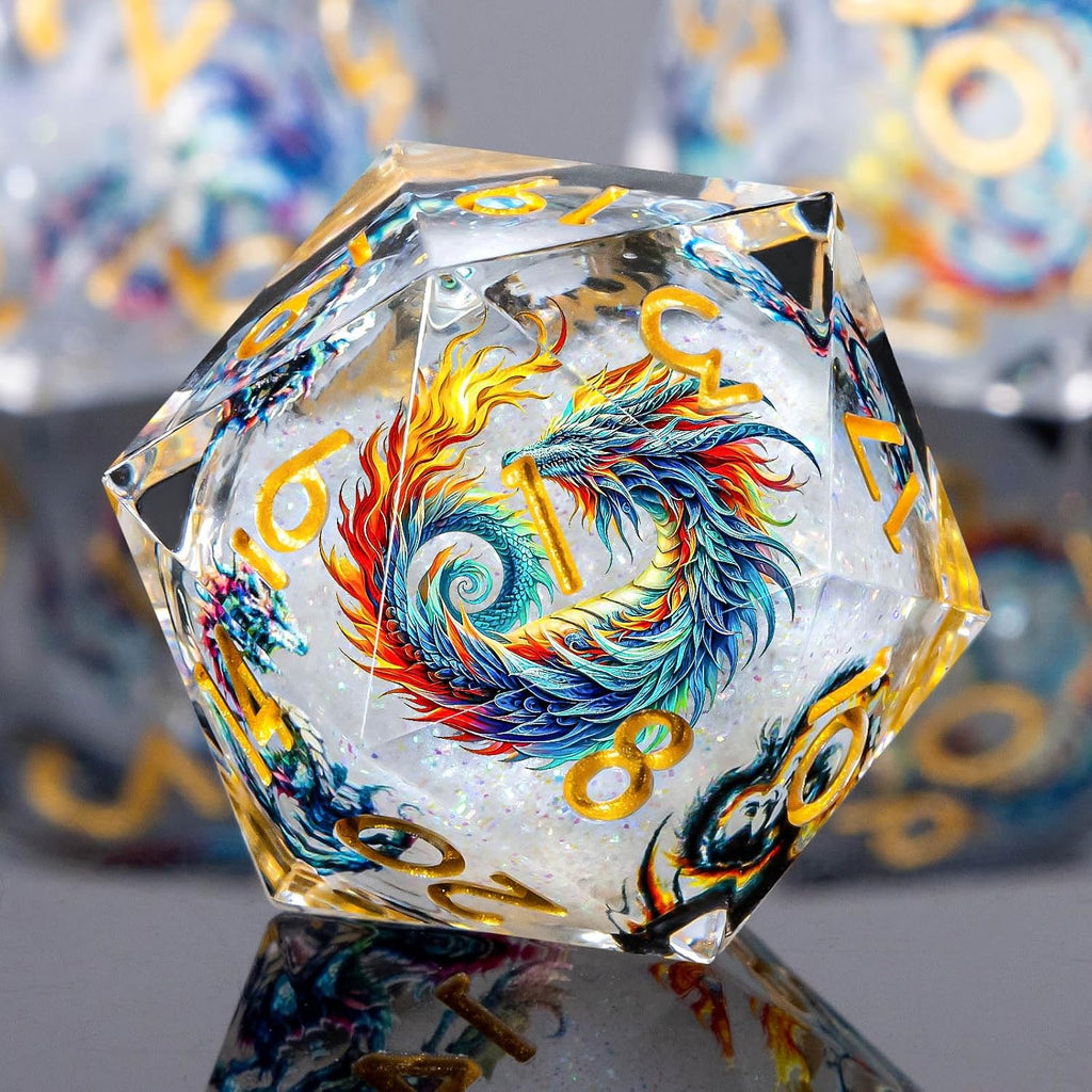 Juego de dados DND de núcleo líquido con patrón de dragón, 7 dados D&D de borde afilado con caja de regalo, dados de resina blanca Dungeons Dragons D y D para juegos de rol D20 D12 D10 D8 D6 D4
