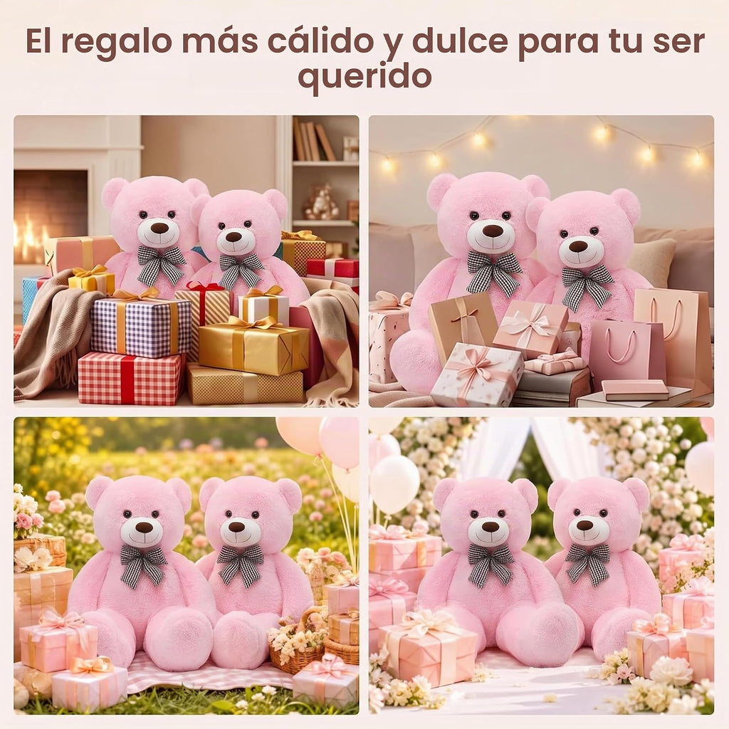 Oso de peluche gigante rosa, animal de peluche grande de 47 pulgadas, juguete de peluche, material de felpa suave, oso de peluche clásico con lazo a cuadros, para acurrucarse