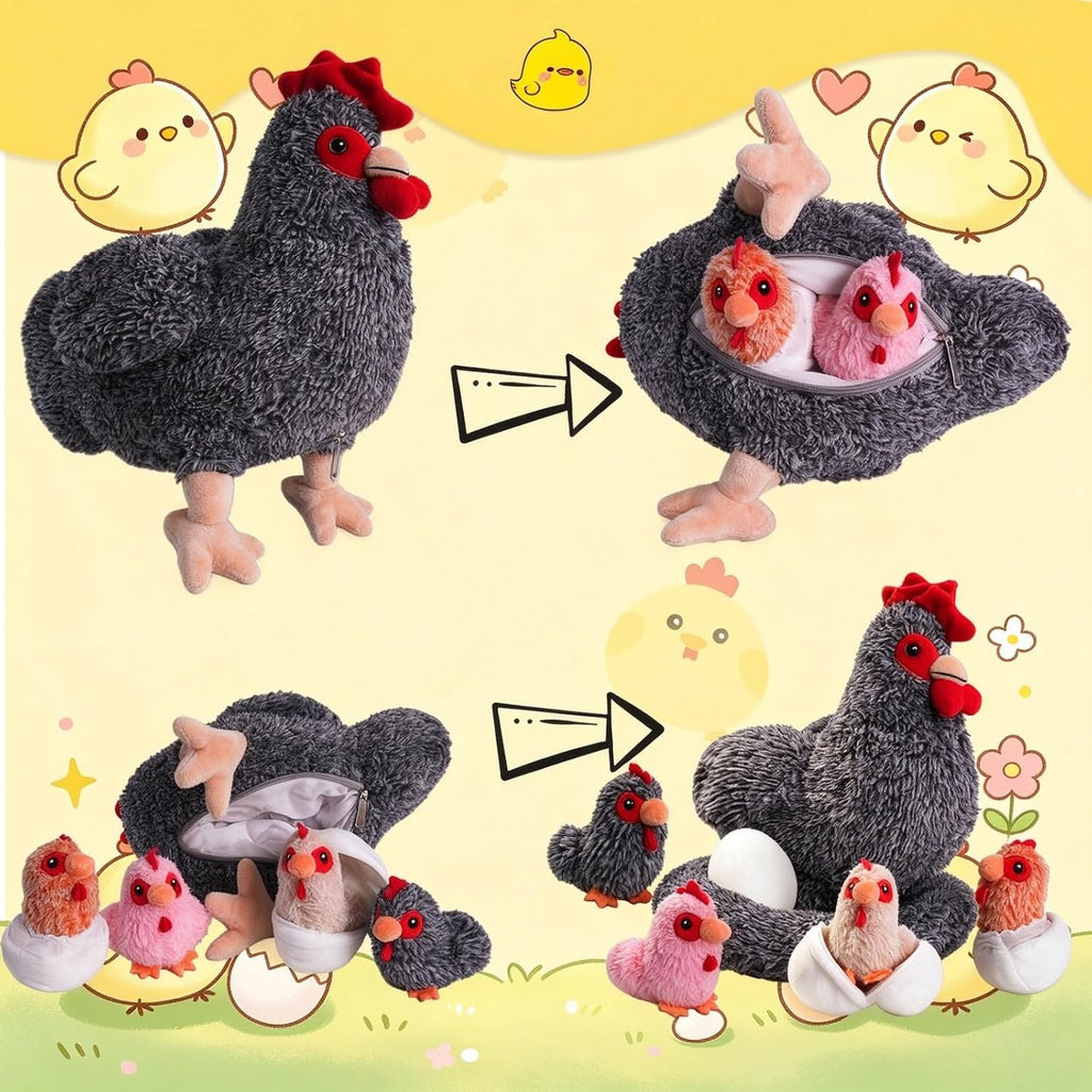 Juego de animales de peluche de pollo 9 en 1, juguete de peluche de pollo con barras, gallina ponedora con cremallera y pollitos de juguete, pollos, huevos y gallinero, juguetes para