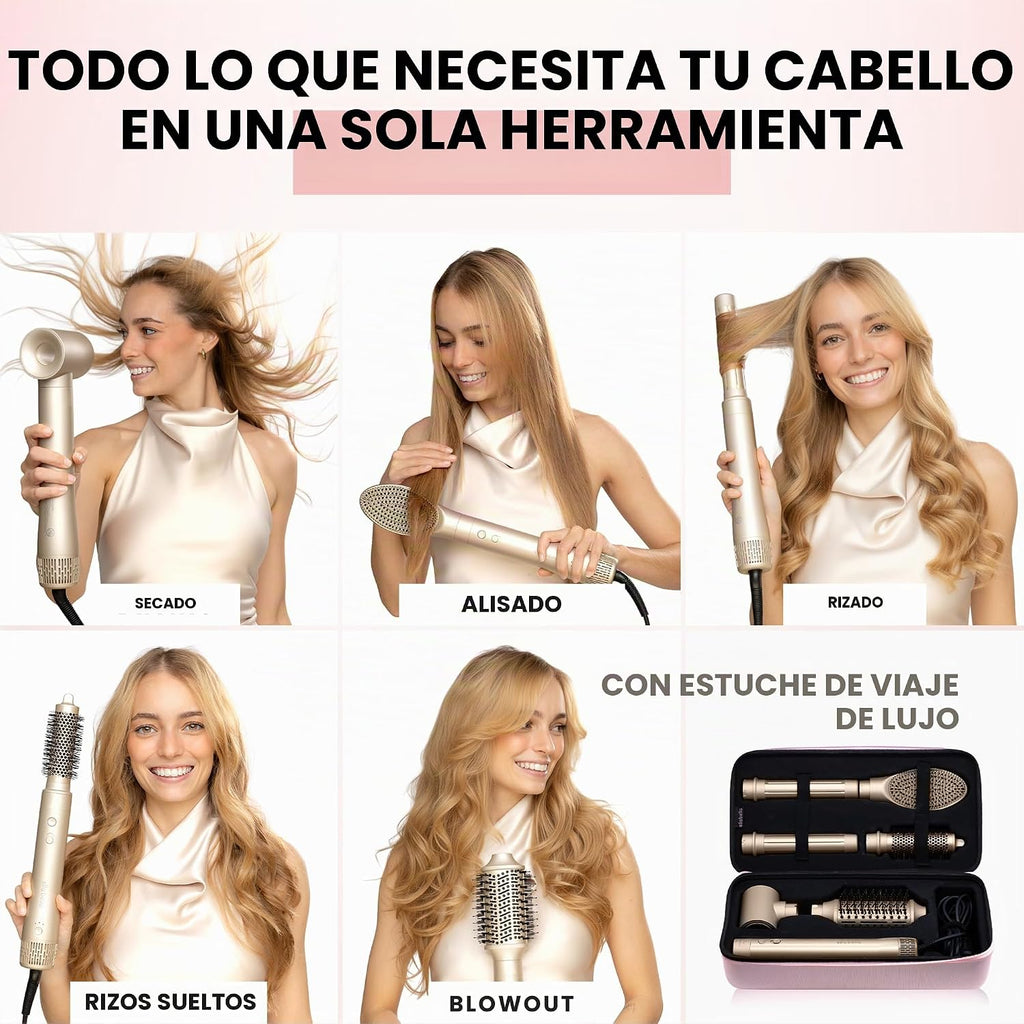 ELLA BELLA® Estilizador profesional de aire caliente 6 en 1 • Potente juego de secador de pelo y alisador • Estilo sin daños por calor • Secado rápido rizador voluminizador alisado • Incluye funda