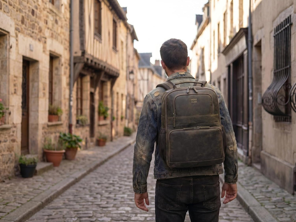 LEATHER VILLAGE Mochila de cuero para hombre de trabajo, Marrón desteñido