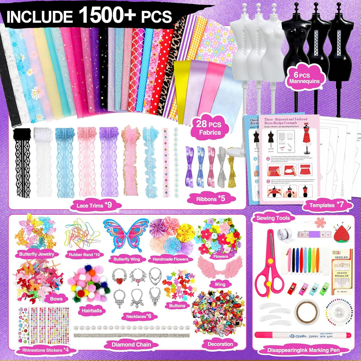 Sunrad Kits de diseñador de moda de 1500+ piezas para niñas con 6 maniquíes, kit de costura DIY para manualidades y artes para hacer ropa de muñeca, juguetes, regalos de cumpleaños para niñas de 6, 7