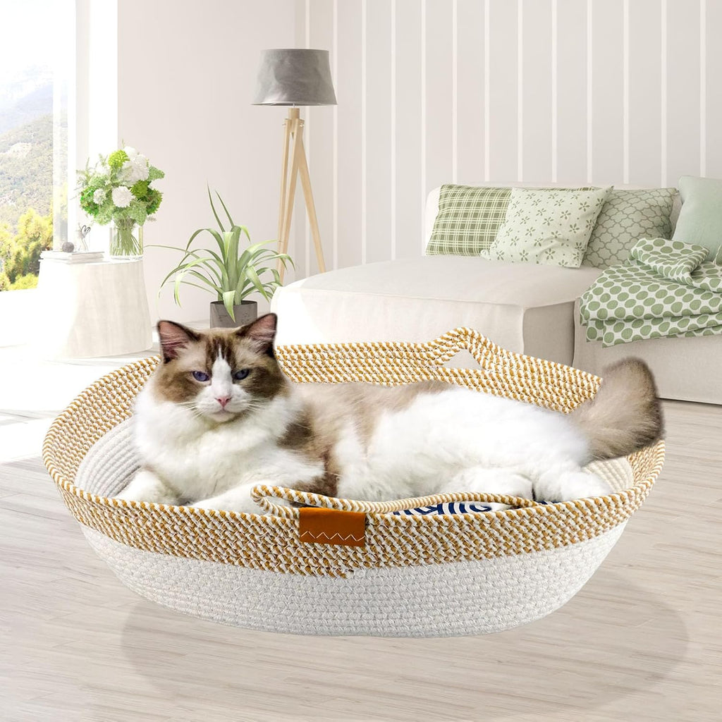 Cesta de cuerda para gatos, cama ovalada de algodón con