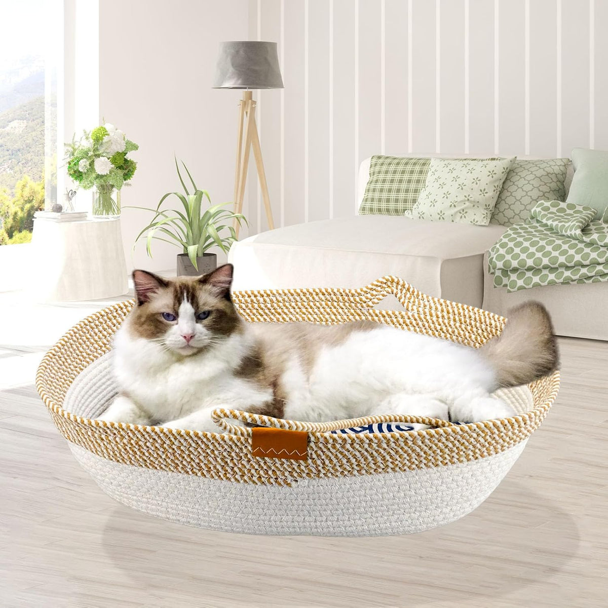 Cesta de cuerda para gatos, cama ovalada de algodón con