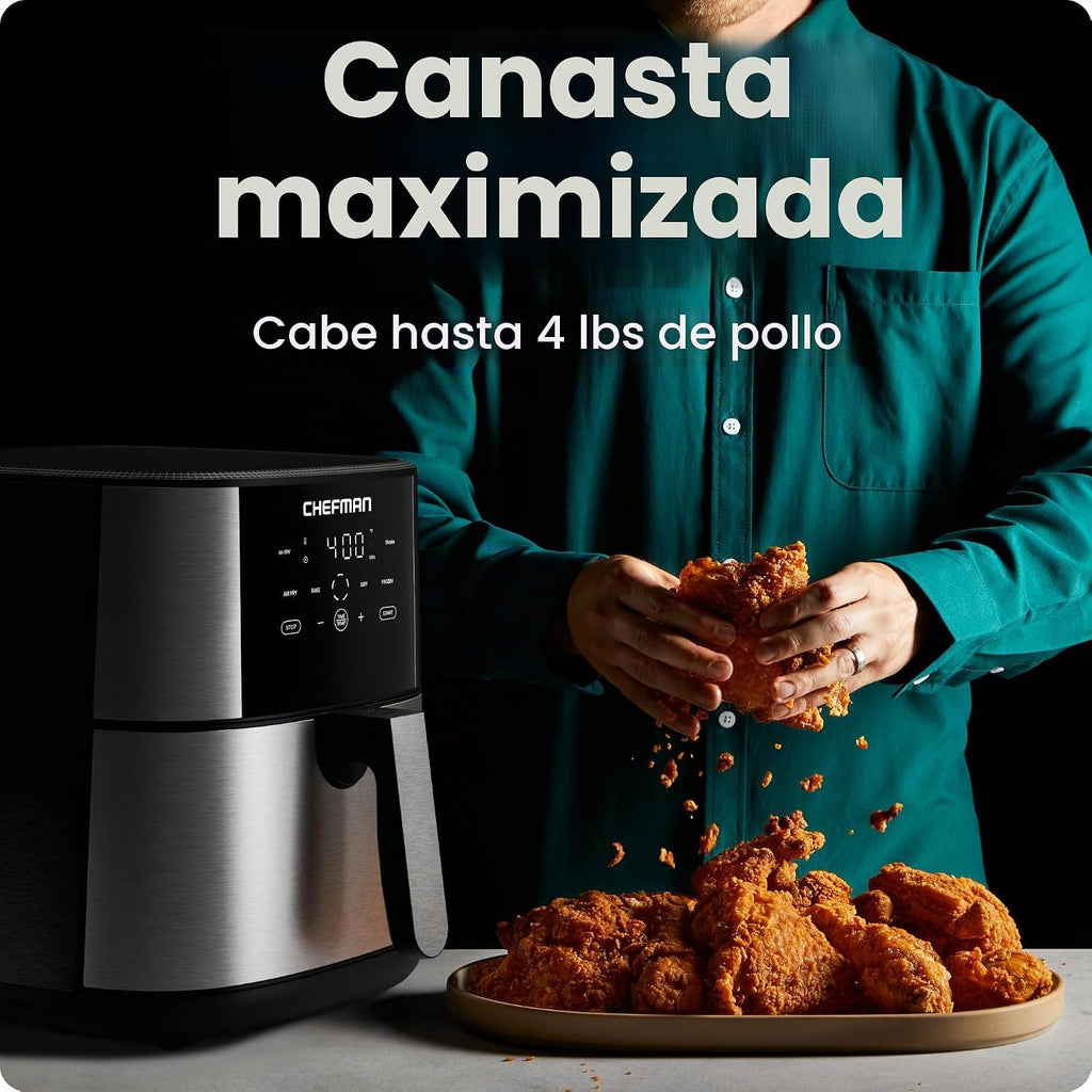 Chefman Freidora de aire de 8 cuartos de galón | TurboFry® 4 en 1 con opción Hi-Fry de 450°F para resultados más crujientes | Hornea, deshidrata, congelada | Cesta antiadherente XL apta para lavavajillas | Acero inoxidable