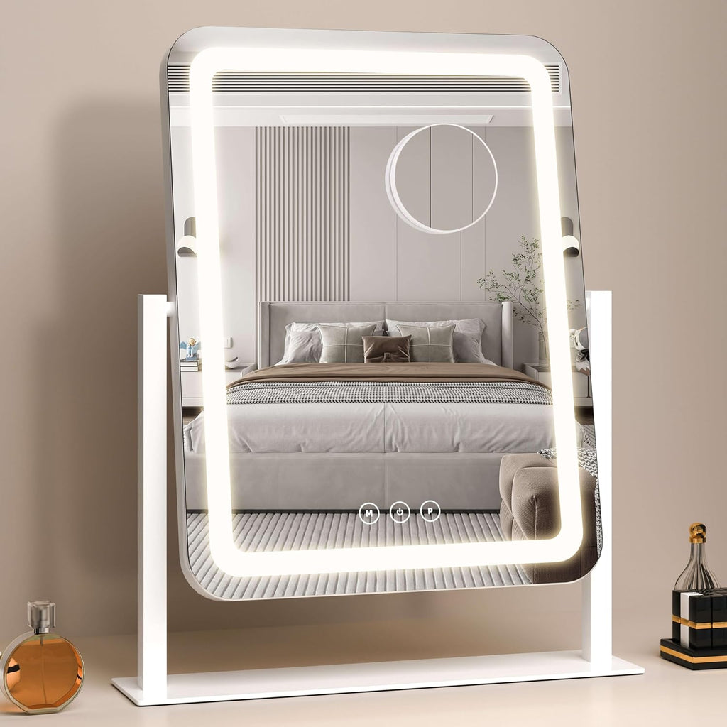 Espejo de tocador con luces, espejo de maquillaje LED de 13.1 x 16.7 pulgadas, espejo de maquillaje iluminado con luces, control táctil inteligente regulable con 3 modos de luz, espejo iluminado para escritorio de maquillaje, dormitorio, vestidor