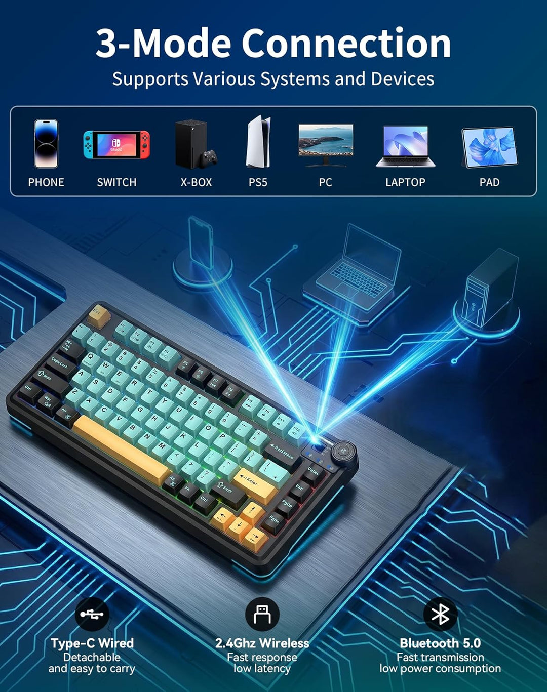 Aula AU75 Teclado mecánico inalámbrico, teclado para juegos con jun...