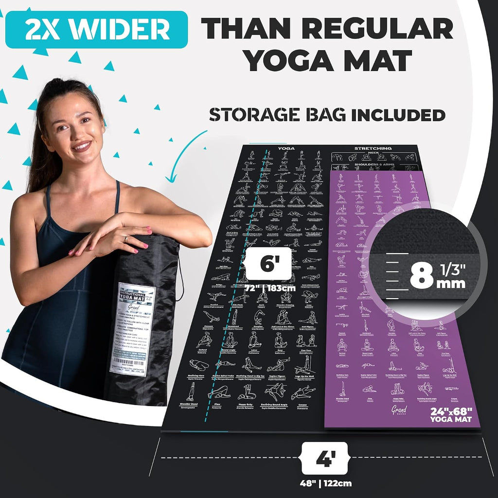 Esterilla de yoga instructiva extra grande con posturas impresas - 3 veces más grande y 2 veces más ancha que las esterillas de entrenamiento regulares - 150 posturas y estiramientos de yoga