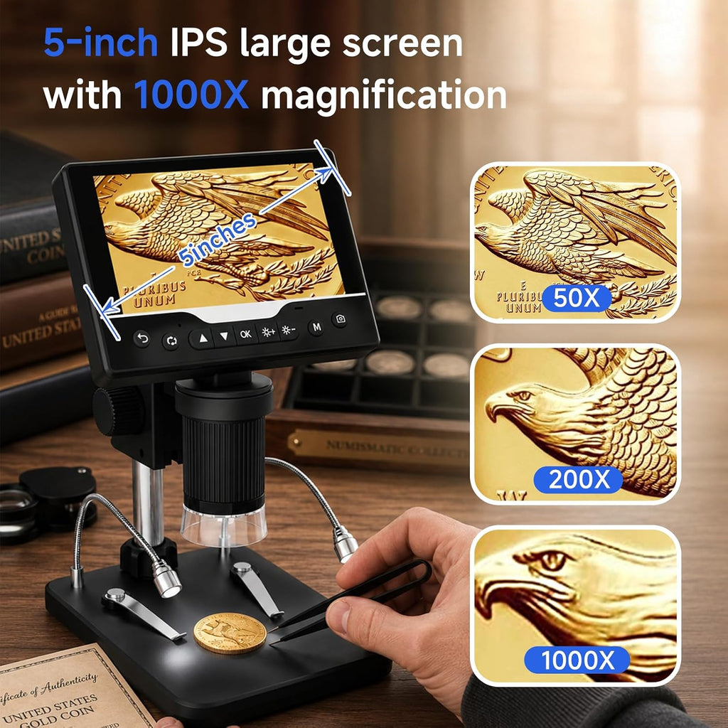 Microscopio Digital Portátil 1000X, Pantalla HD de 5", Lupa para Monedas y Joyas