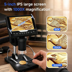 Microscopio Digital Portátil 1000X, Pantalla HD de 5", Lupa para Monedas y Joyas