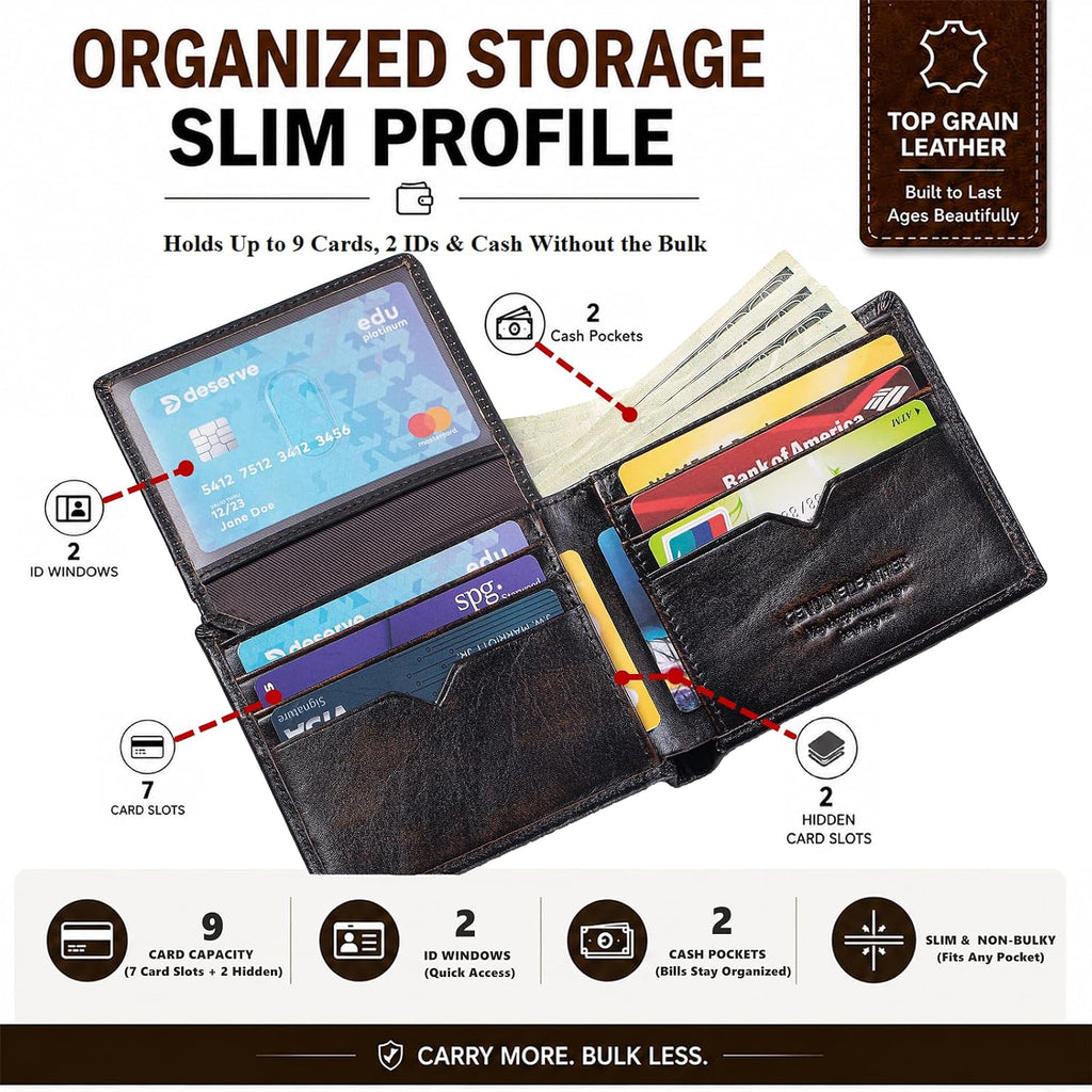 Cartera plegable de cuero de grano superior para hombre, con bloqueo RFID, gran capacidad, espaciosa, 9 ranuras para tarjetas, 2 ventanas para identificación, 2 bolsillos para efectivo