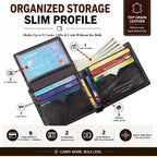 Cartera plegable de cuero de grano superior para hombre, con bloqueo RFID, gran capacidad, espaciosa, 9 ranuras para tarjetas, 2 ventanas para identificación, 2 bolsillos para efectivo