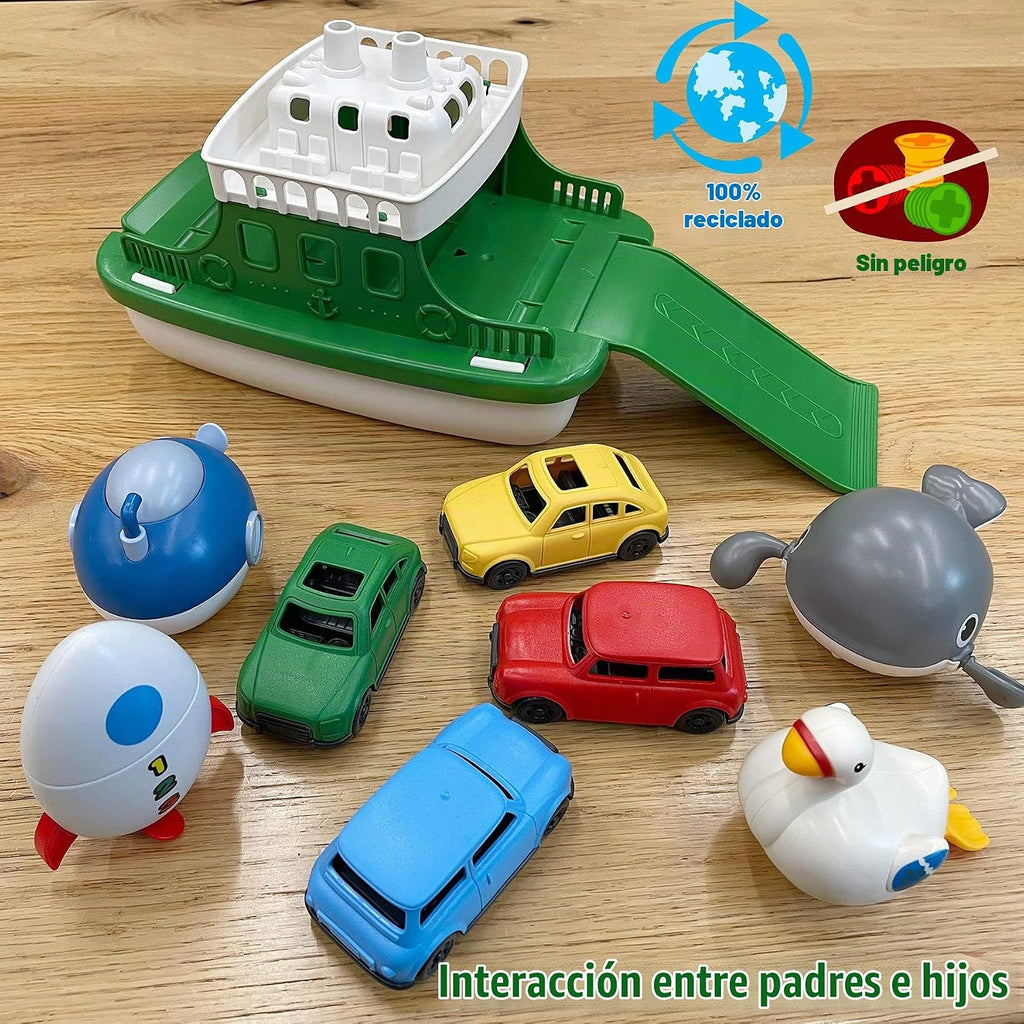 Barco Ferry con 4 Coches y 4 Juguetes de Baño de Cuerda, Juguete de Baño para Niños Vehículo Flotante Ballenas Submarinos Cisnes Cohetes, Conjunto de Juguetes de Bañera Baño Piscina Playa para