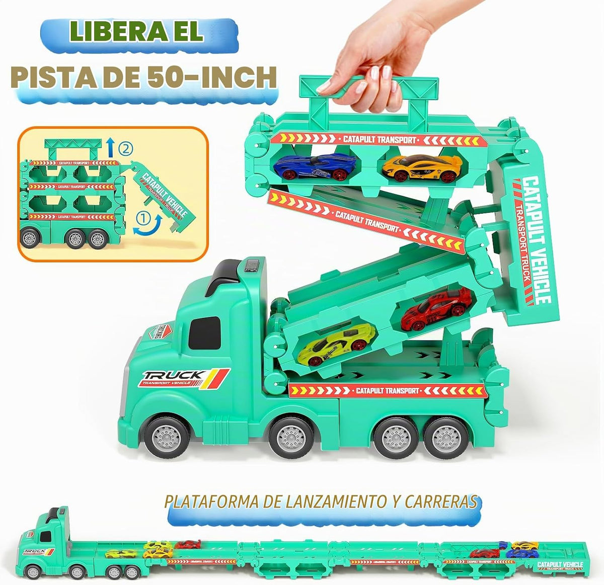 Camión transportador de automóvil de juguete para niños de 3, 4, 5 años, pista de carreras de eyección de 50 pulgadas con 8 autos, sonido y luz, el mejor juego de juguetes de regalo de cumpleaños para niños y niñas