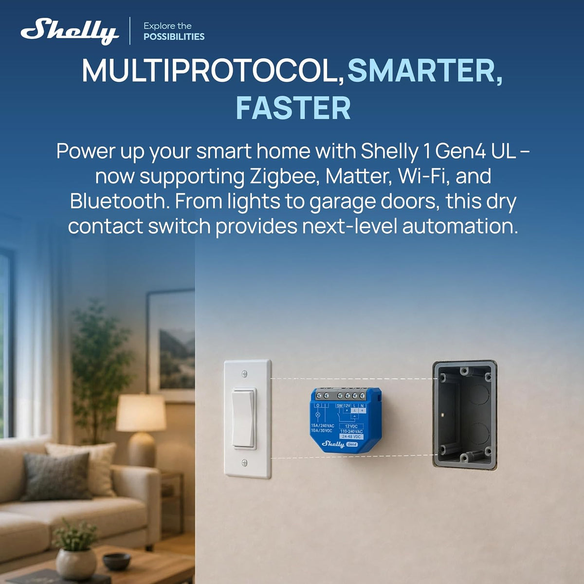Shelly 1 Gen4, Smart Wi‑Fi, Zigbee y Matter Interruptor/Relé (4, UL)