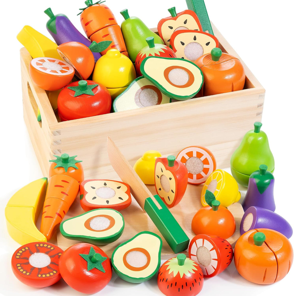 Comida de madera para niños pequeños, juego de cortar frutas y verduras para cocina de juguete