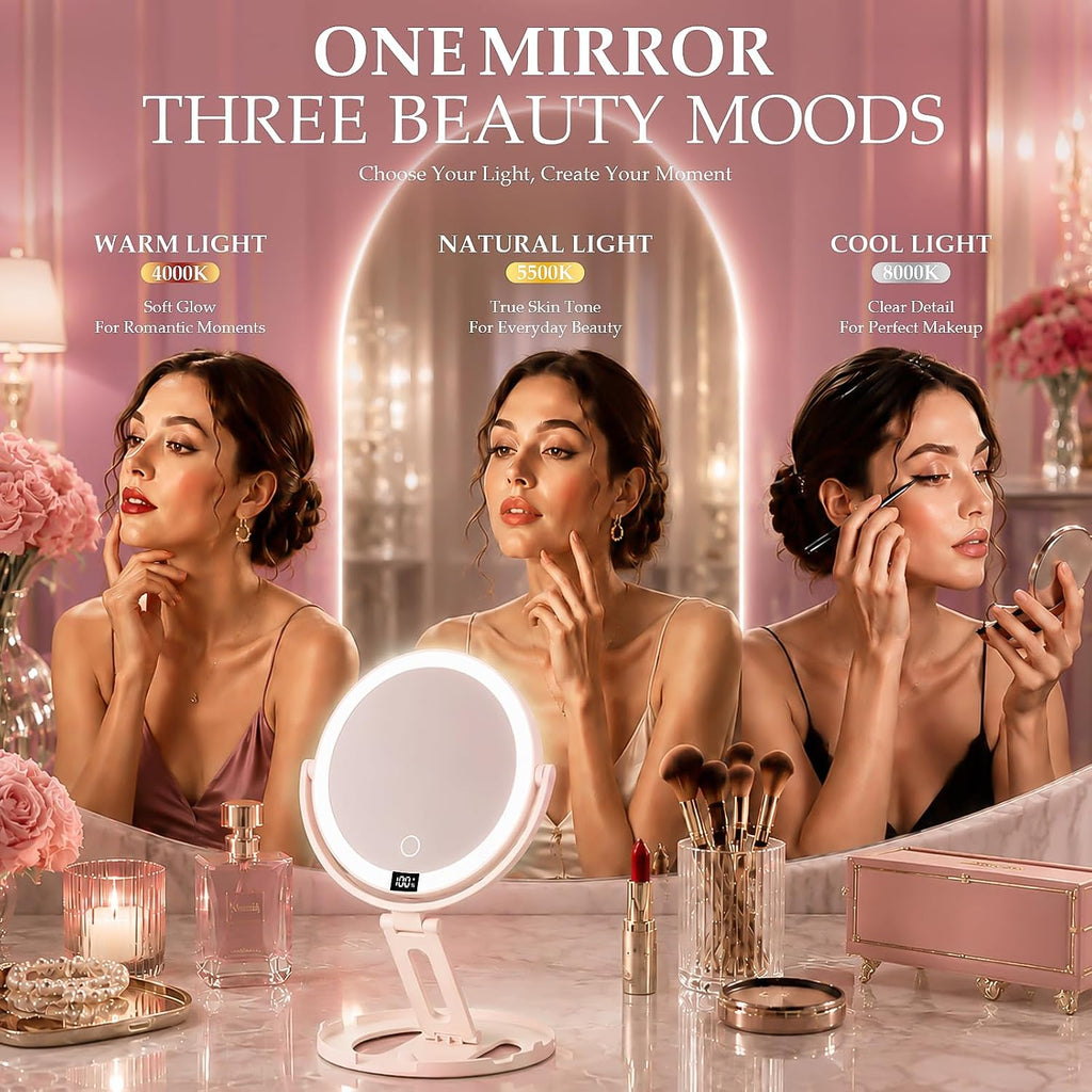 Espejo de maquillaje de viaje con luces, espejo de aumento de doble cara 1X