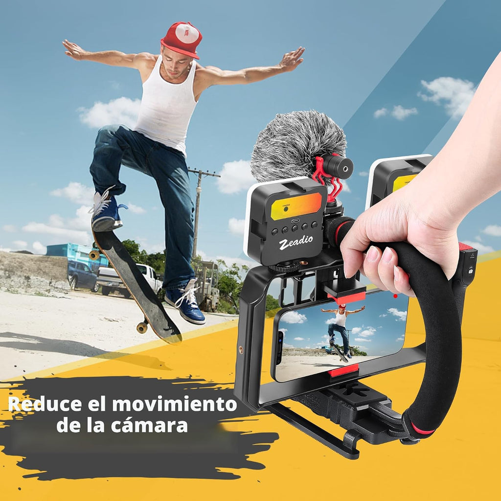 Zeadio Estabilizador de cámara para teléfono inteligente, kit de aparejo de video todo en uno con jaula para teléfono, luz de video RGB, micrófono, adaptador de cámara de acción, compatible con teléfonos inteligentes, cámara de acción, DSLR, cámaras, etc