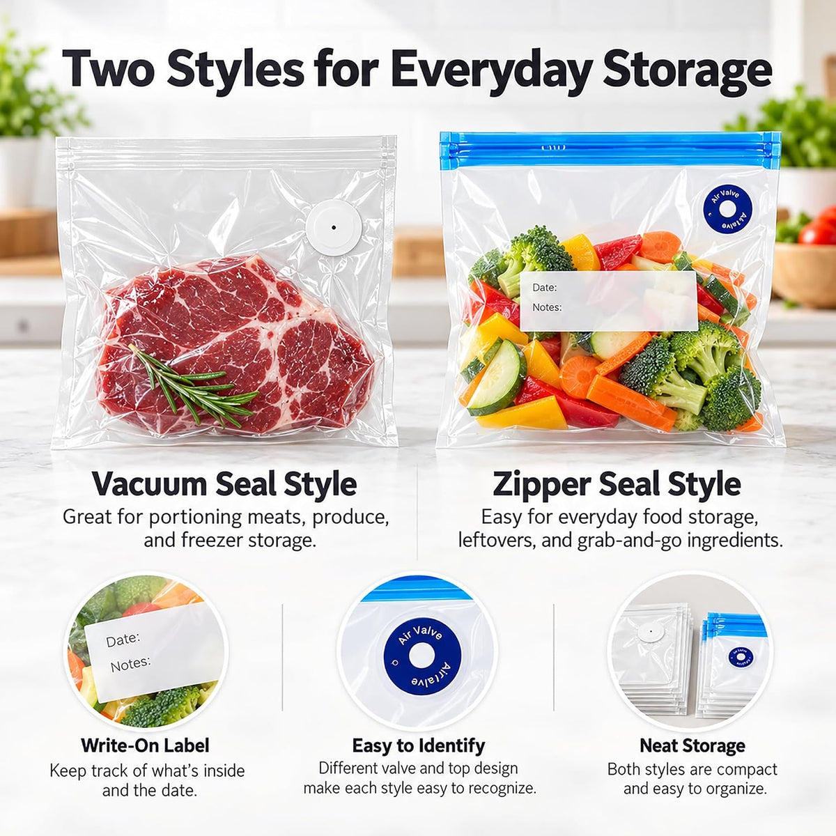 MEGAWISE Paquete de 30 bolsas reutilizables selladoras al vacío, bolsas de almacenamiento Sous Vide sin BPA, 3 tamaños con válvula de aire y doble cremallera, aptas para microondas y congelador, para