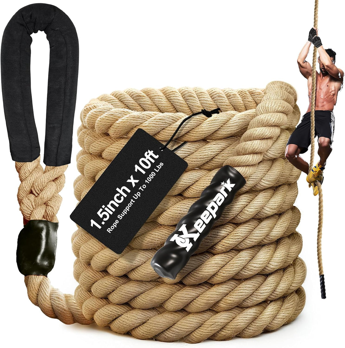 Cuerda de escalar para gimnasio - Cuerdas de ejercicio de 1.5 pulgadas de diámetro en longitudes de 10FT, 15FT, 20FT, 25FT, 30FT, 35FT, 40FT, 50FT para fitness y entrenamiento de fuerza, cuerda de escalada para adultos en casa, interior o exterior