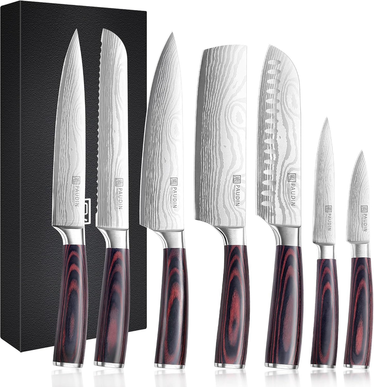 PAUDIN - Juego de cuchillos de chef, 7 piezas de juego de cuchillos de cocina, acero inoxidable de alto carbono, juego de cuchillos ultra afilados, juego de cuchillos profesionales para cocina con