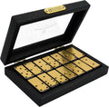 Bucher&Rossini Juego de dominó de superficie de metal doble 6 para adultos y niños – Juego de dominó clásico de 28 piezas de superficie de metal dorado, idea de regalo para jugadores de dominó o noche de juego familiar