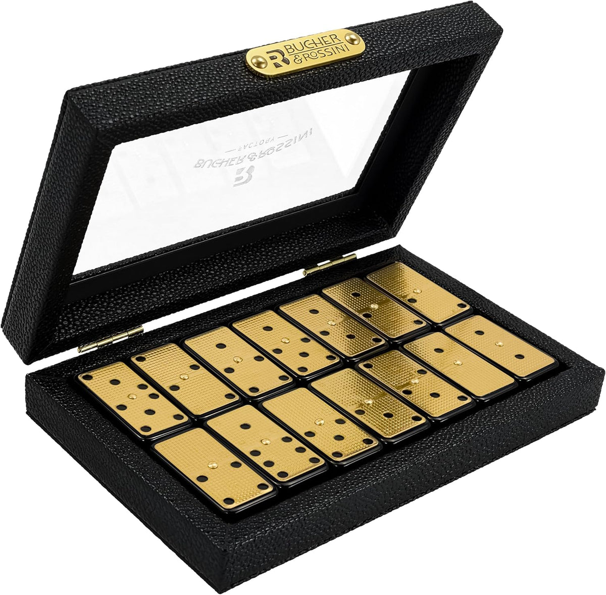 Bucher&Rossini Juego de dominó de superficie de metal doble 6 para adultos y niños – Juego de dominó clásico de 28 piezas de superficie de metal dorado, idea de regalo para jugadores de dominó o noche de juego familiar