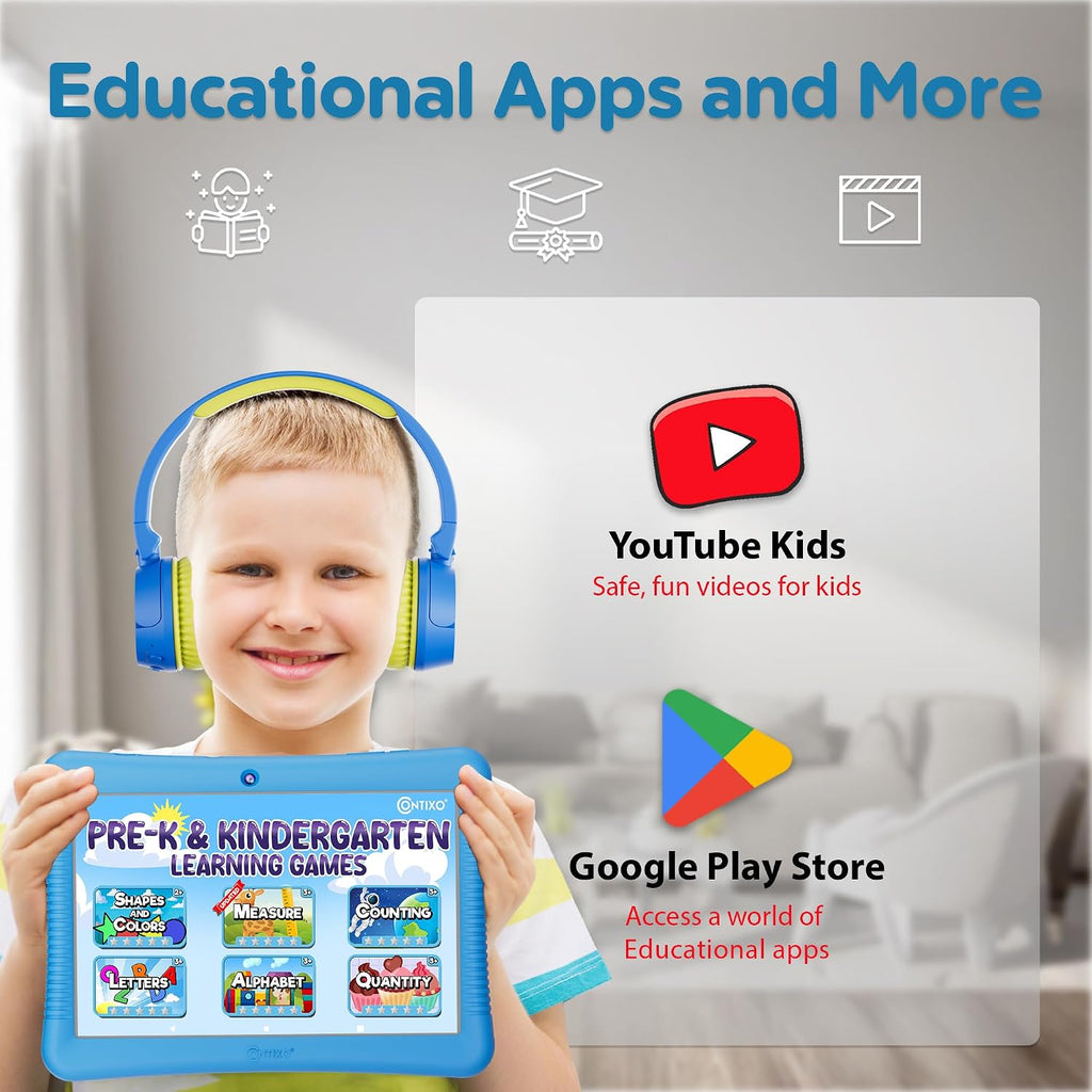 Contixo Paquete de tableta Android Kids de 10 pulgadas, 32 GB, Epic! y aplicaciones educativas LingoKids, controles parentales, funda a prueba de niños con soporte y lápiz capacitivo, auriculares y bolsa de funda, color azul