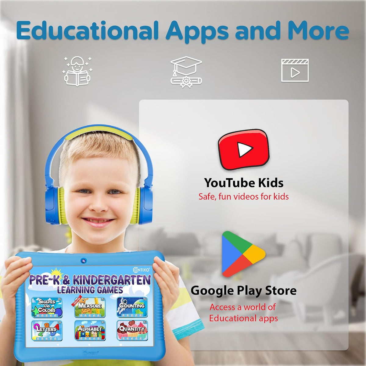 Contixo Paquete de tableta Android Kids de 10 pulgadas, 32 GB, Epic! y aplicaciones educativas LingoKids, controles parentales, funda a prueba de niños con soporte y lápiz capacitivo, auriculares y bolsa de funda, color azul