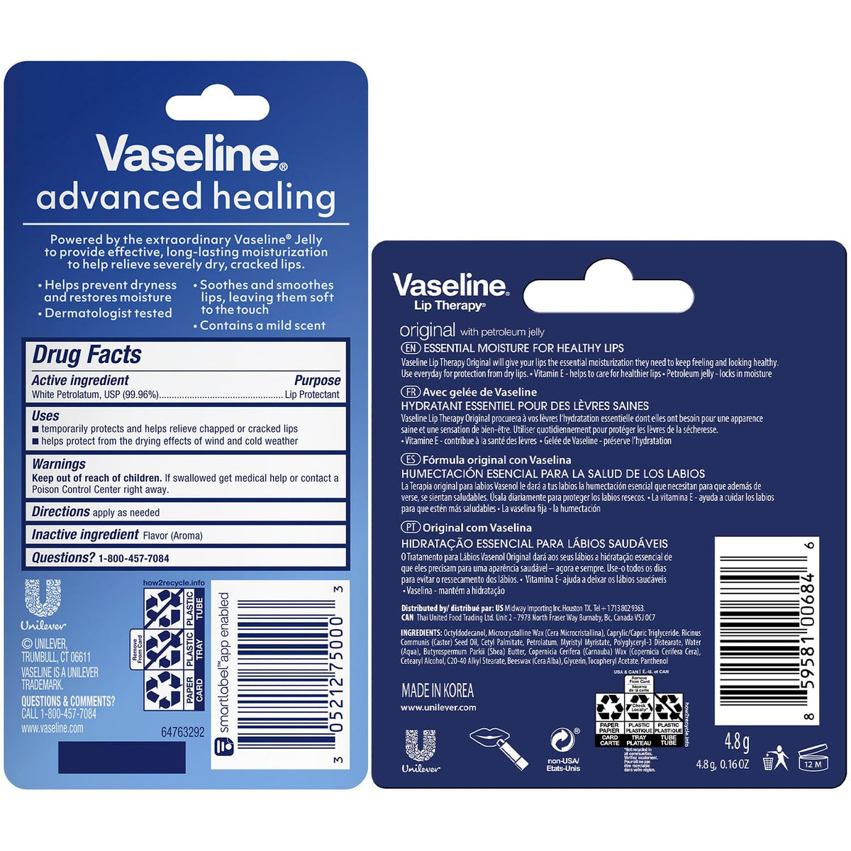 Vaselina para labios con fórmula avanzada Vaseline; protector de pi...
