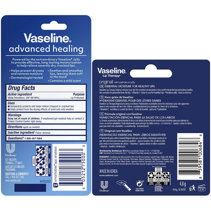 Vaselina para labios con fórmula avanzada Vaseline; protector de pi...