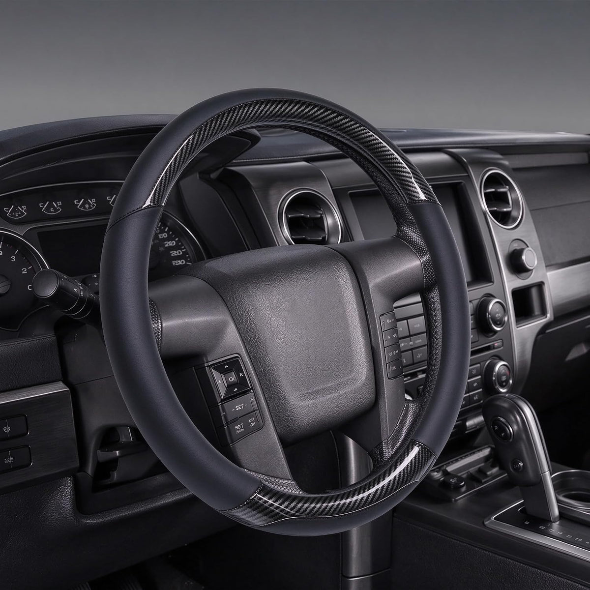 Yangday Funda de cuero para volante de automóvil para Ford F150 F250 F350, 15.5-16 pulgadas, funda antideslizante y transpirable (negro carbón)