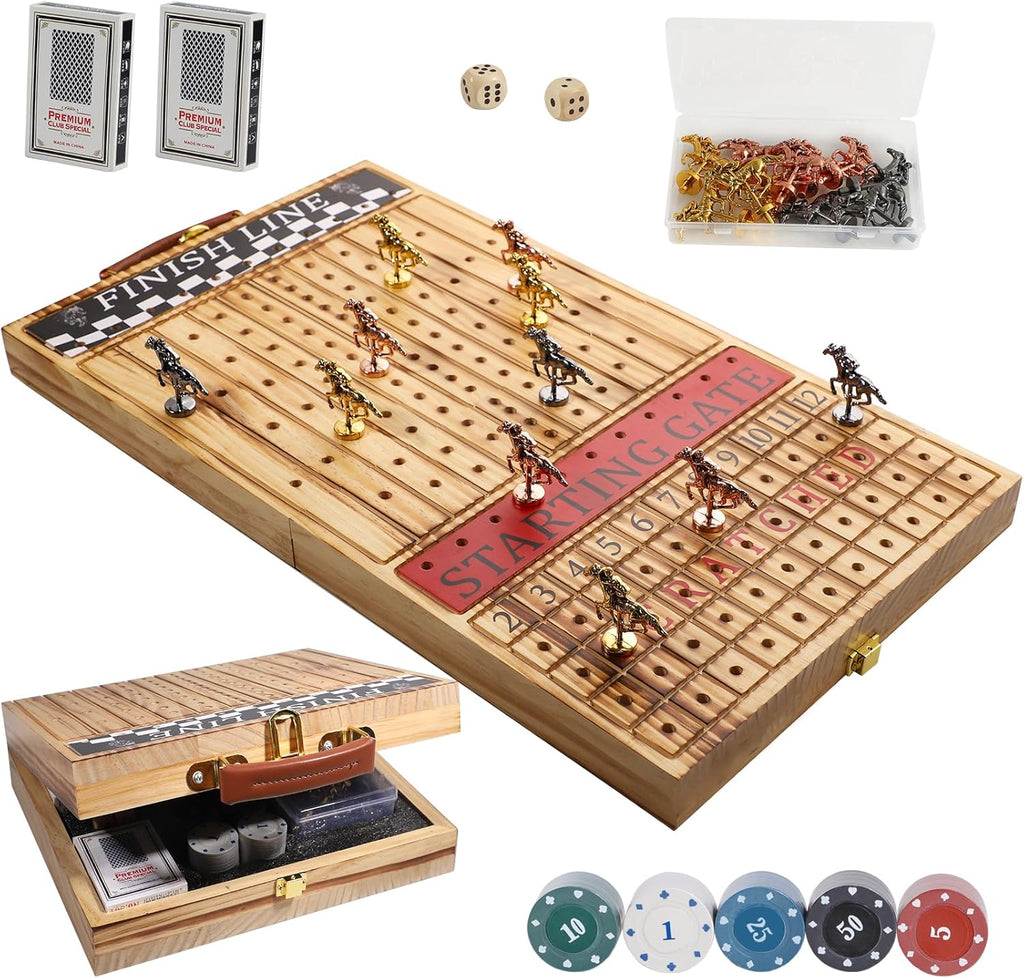 Juego de mesa de carreras de caballos de lujo, plegable con 2 cartas, 2 dados, 11 caballos de metal y 100 fichas, diseño plegable para todas las piezas, regalo para noches de juego de