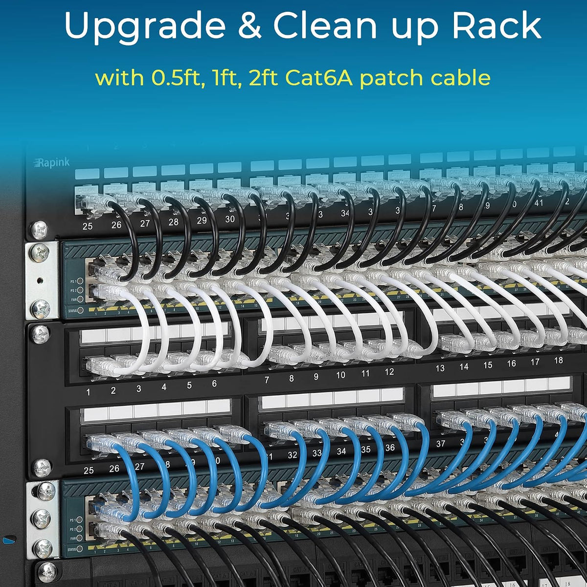 Rapink Cables de conexión Cat6/ Cat6a 7 pies (Paquete de 24) Cable Ethernet Cat6a delgado de 10G de apoyo, Cable de conexión Cat 6 sin enganches para panel de conexiones a switch, Cable Ethernet Cat6