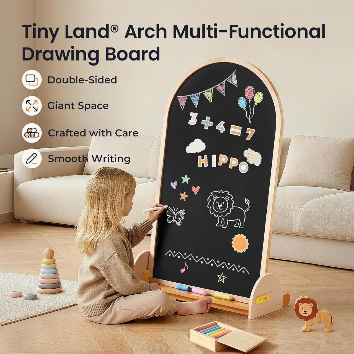 Tiny Land Caballete de arte para niños, pizarra magnética de doble cara y