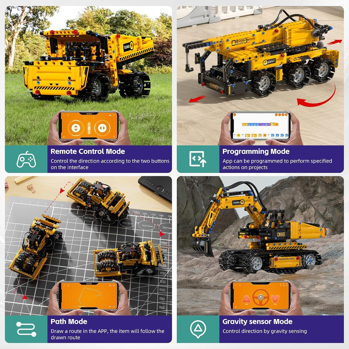 DOLIVE Juego de bloques de construcción STEM 5 en 1, kit de vehículo de construcción con aplicación y control remoto, rodillo excavadora de bricolaje, rodillo nivelador, regalo de cumpleaños educativo para niños de 8 a 14 años
