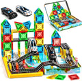 Azulejos magnéticos, juego de carretera, bloques de construcción de viaje con 2 autos y caja de metal, mini azulejos magnéticos para exteriores, juguetes de construcción para niños, regalos