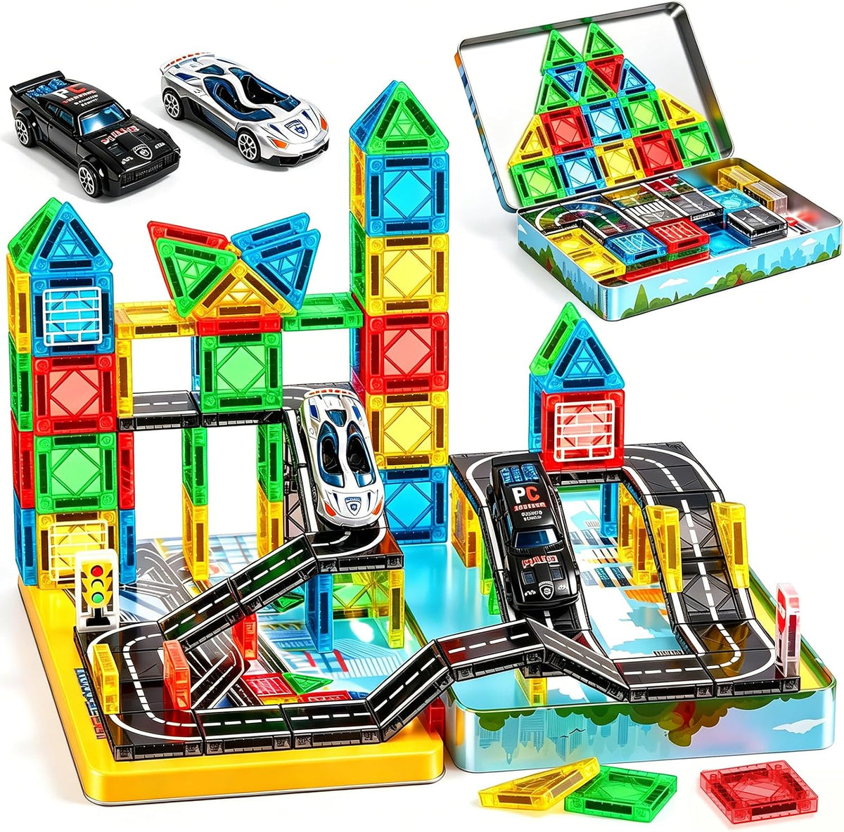 Azulejos magnéticos, juego de carretera, bloques de construcción de viaje con 2 autos y caja de metal, mini azulejos magnéticos para exteriores, juguetes de construcción para niños, regalos