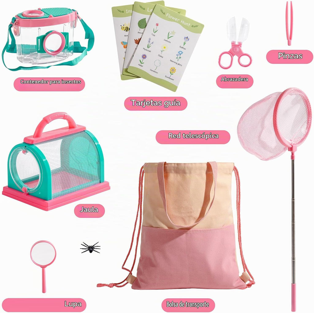 ROBOTIME Kit explorador para niños y kit de atrapador de insectos para niños, kit de 10 piezas para atrapar insectos al aire libre con lupa y red, juego de aventura para patio trasero y campamento, regalo divertido para niñas de 3 a 12 años (rosa)
