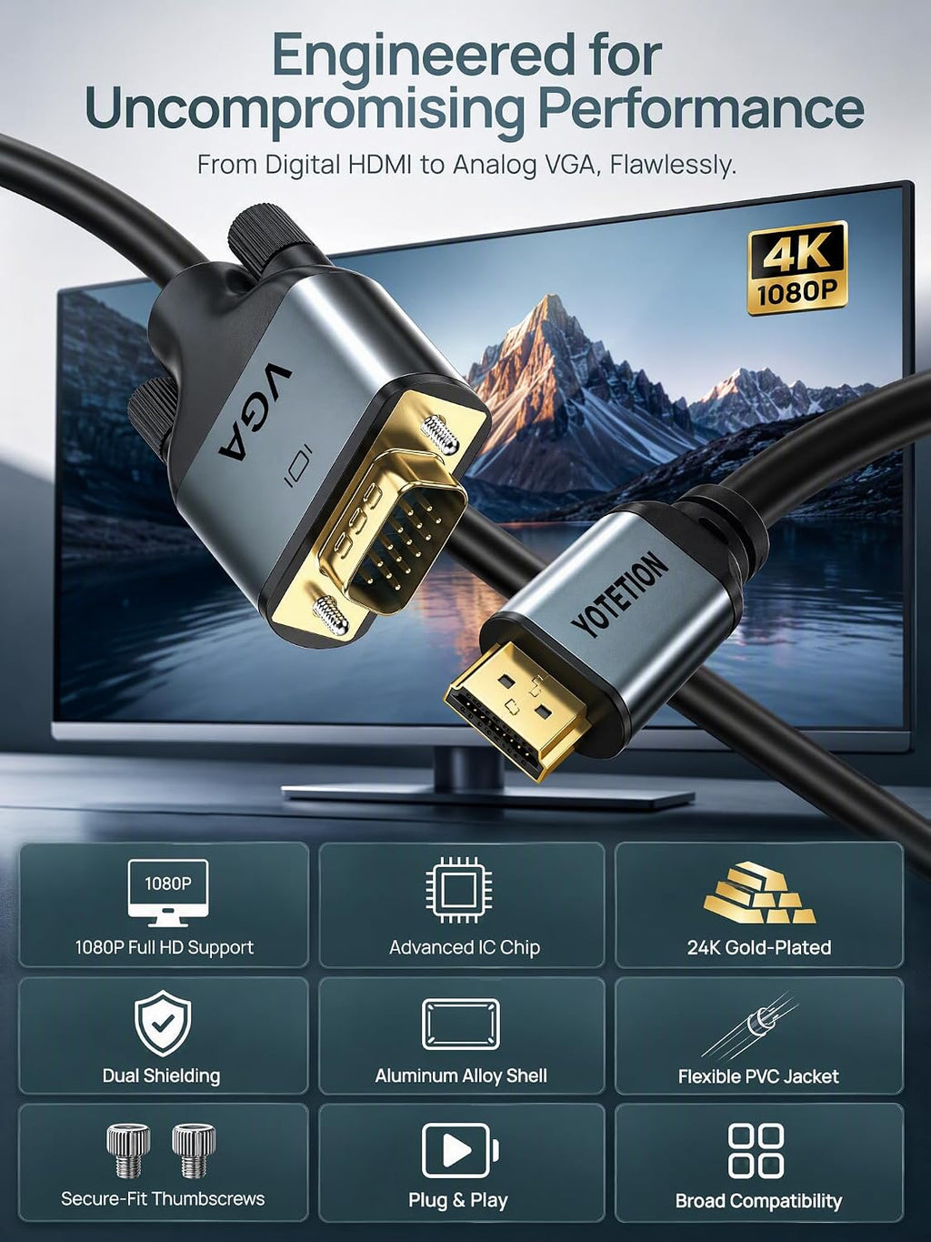 Cable HDMI a VGA de 30 pies con IC, HDMI a VGA chapado en oro compatible para computadora, computadora de escritorio, laptop, PC, monitor, proyector, HDTV, Raspberry Pi, Roku, Xbox y más