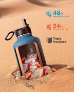 Coolflask Botella de agua de medio galón aislada con popote y 3 tapas a