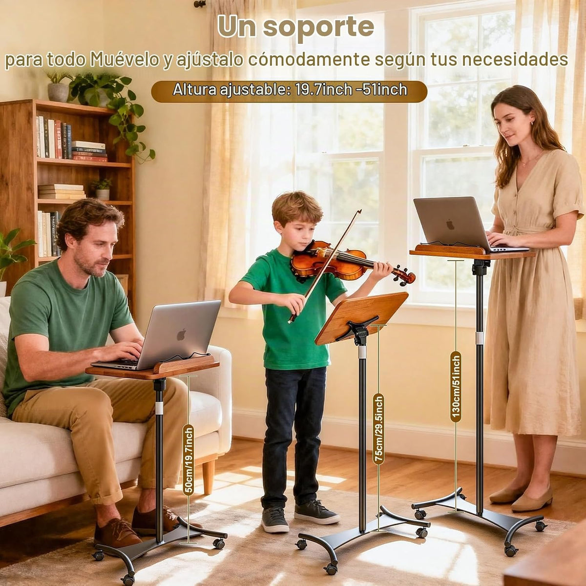 Soporte de música 2 en 1 de doble uso y soporte para libros de escritorio, altura ajustable de 16.5 a 51 pulgadas, 100% madera maciza para computadora portátil, soporte para libro con clips elásticos