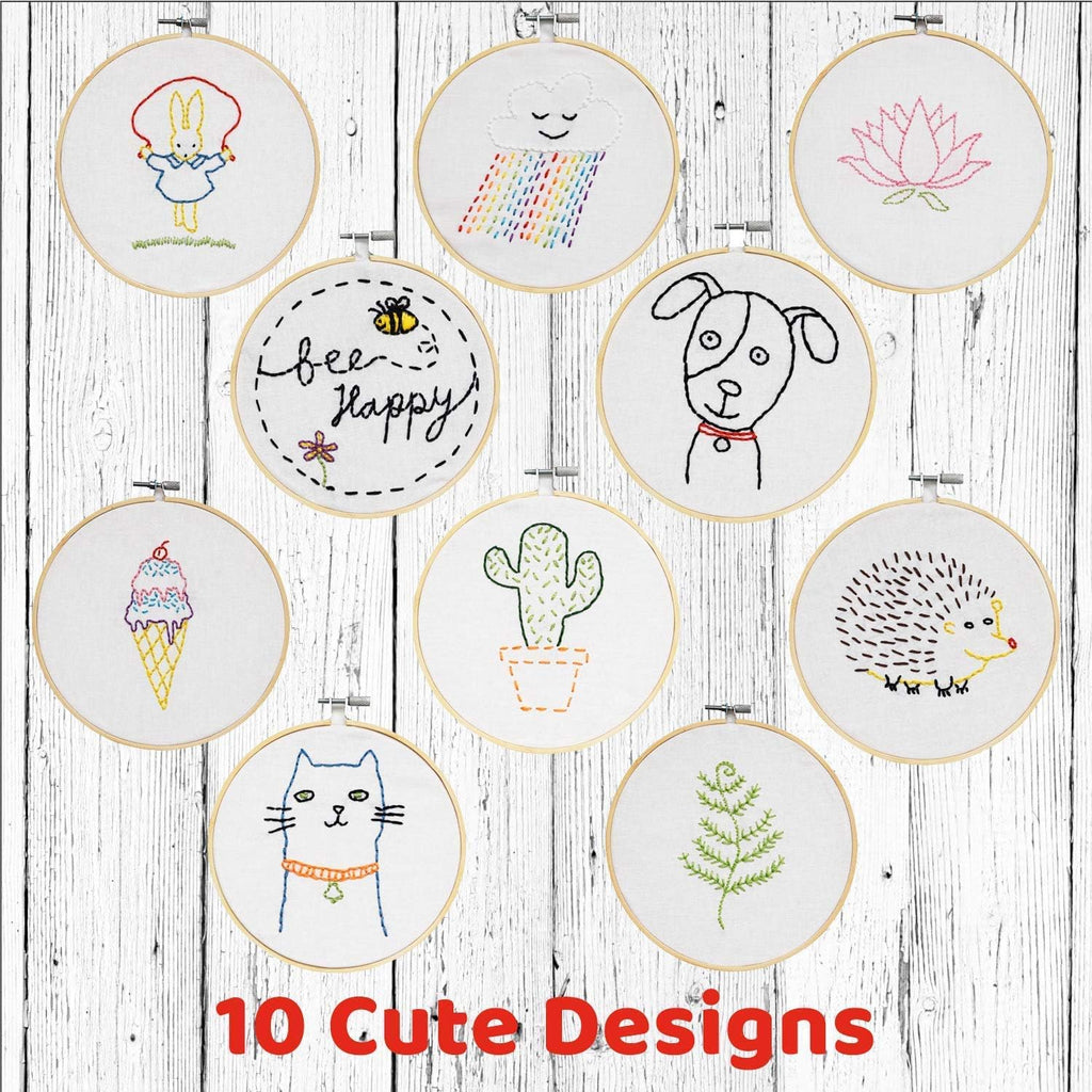 CraftLab Kit de bordado para niños, kit de costura para principiantes con 10 proyectos, aros, hilo, patrones