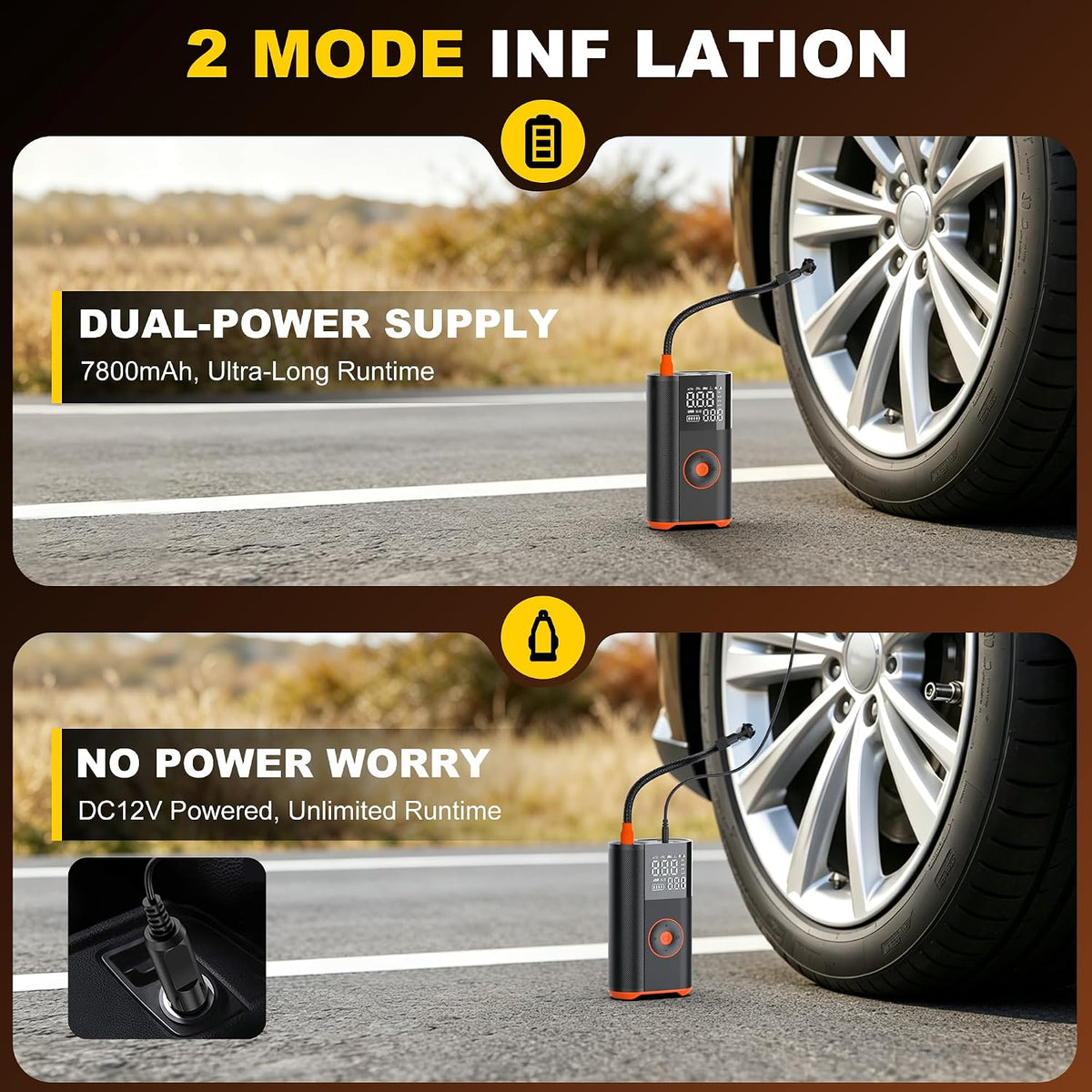 Inflador de neumáticos, compresor de aire portátil, 25 cilindros 100 W, inflado rápido, batería de 7800 mAh y bomba de aire inalámbrica de doble potencia de 12 V CC con doble calibre digital para
