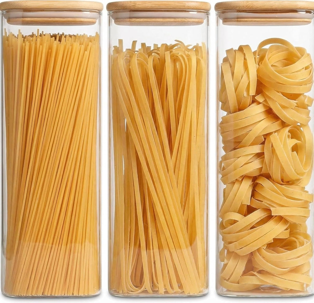 Recipientes de almacenamiento de pasta, paquete de 3, recipiente cuadrado hermético de vidrio para espaguetis de 78 onzas con tapas de bambú, tarro alto de almacenamiento de pasta de vidrio