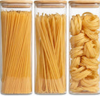 Recipientes de almacenamiento de pasta, paquete de 3, recipiente cuadrado hermético de vidrio para espaguetis de 78 onzas con tapas de bambú, tarro alto de almacenamiento de pasta de vidrio