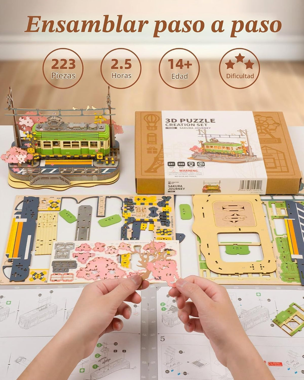 Rolife Sakura Journey Tram - Rompecabezas de madera 3D para adultos, kits de construcción de modelos de bricolaje con luces LED, regalo creativo para niños, regalo de pasatiempos y rompecabezas para