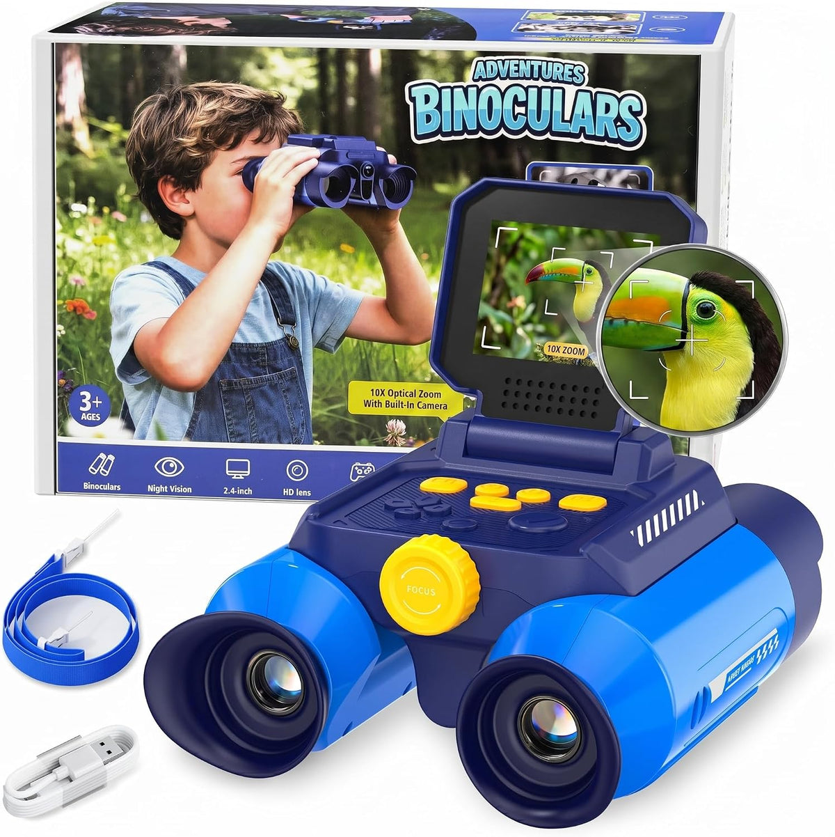 Binoculares para niños con cámara de visión nocturna, telescopio digital de aventuras con zoom 10X con pantalla IPS de 2.4 pulgadas, juguetes STEM Explorer Nature Explorer para observación de
