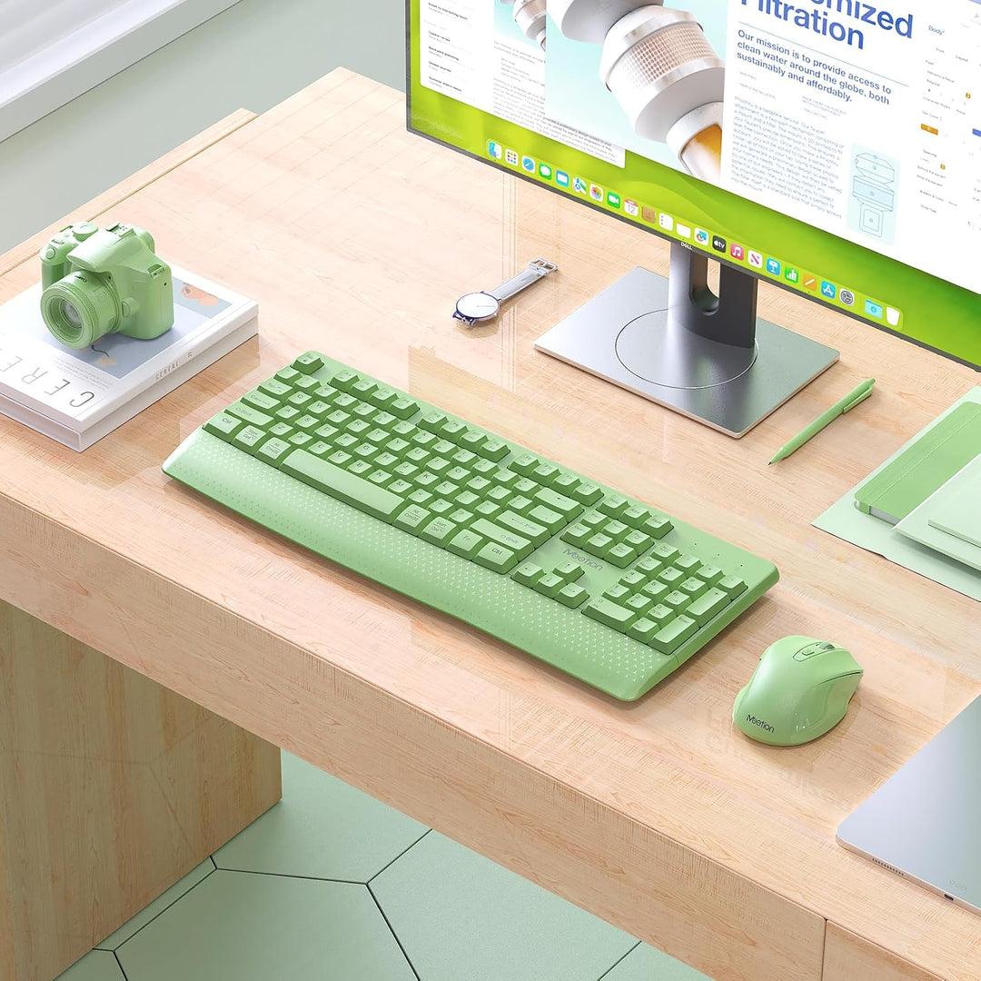 MEETION Teclado y mouse inalámbricos verdes, teclado inalámbrico de...