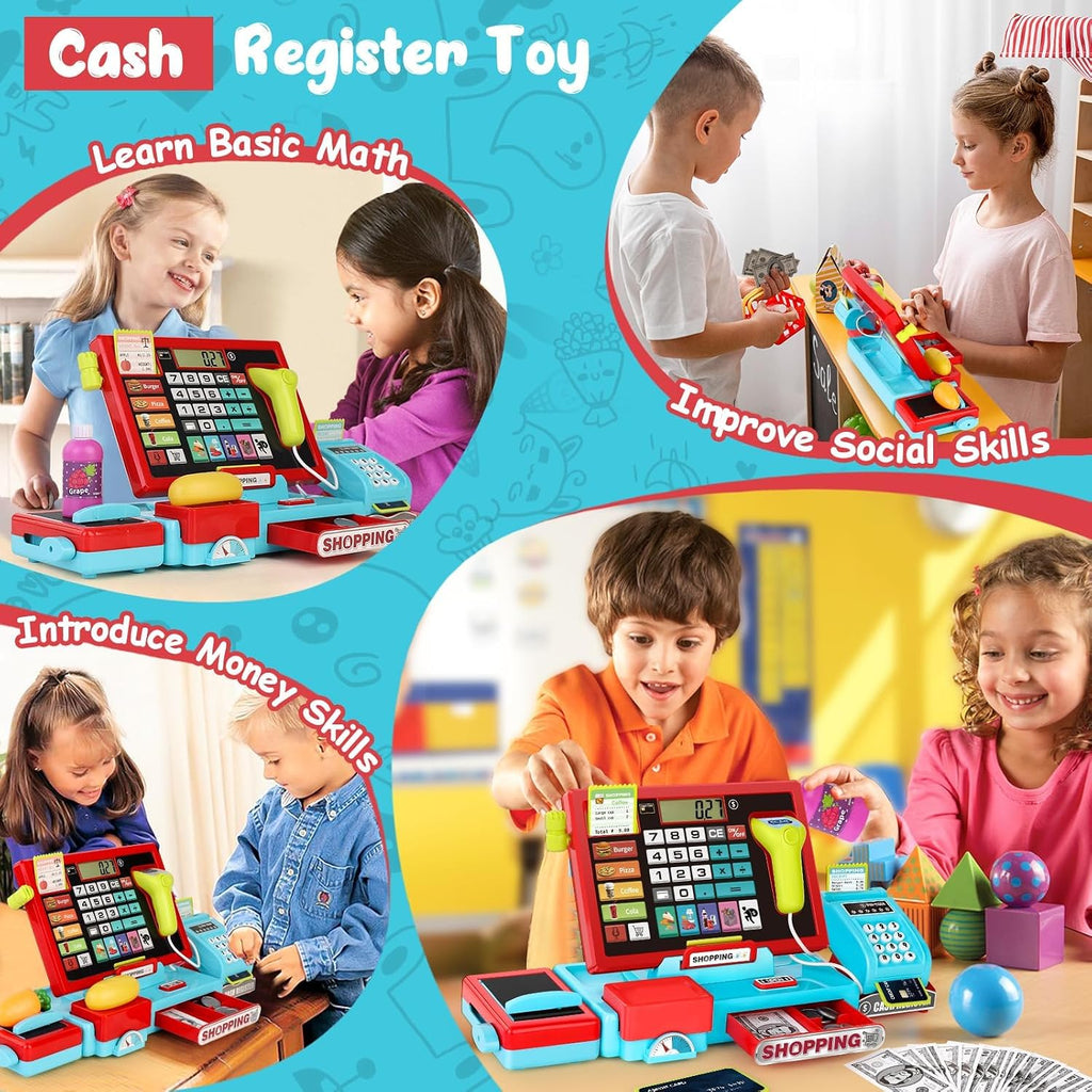 Kids Cash Register con Scanner, Role-Play Toys para Children 3-8 | Microphone, Shopping Basket, 52 Shop Accessories,Play Money, Pretend Play Children's Cash Register (Blue)